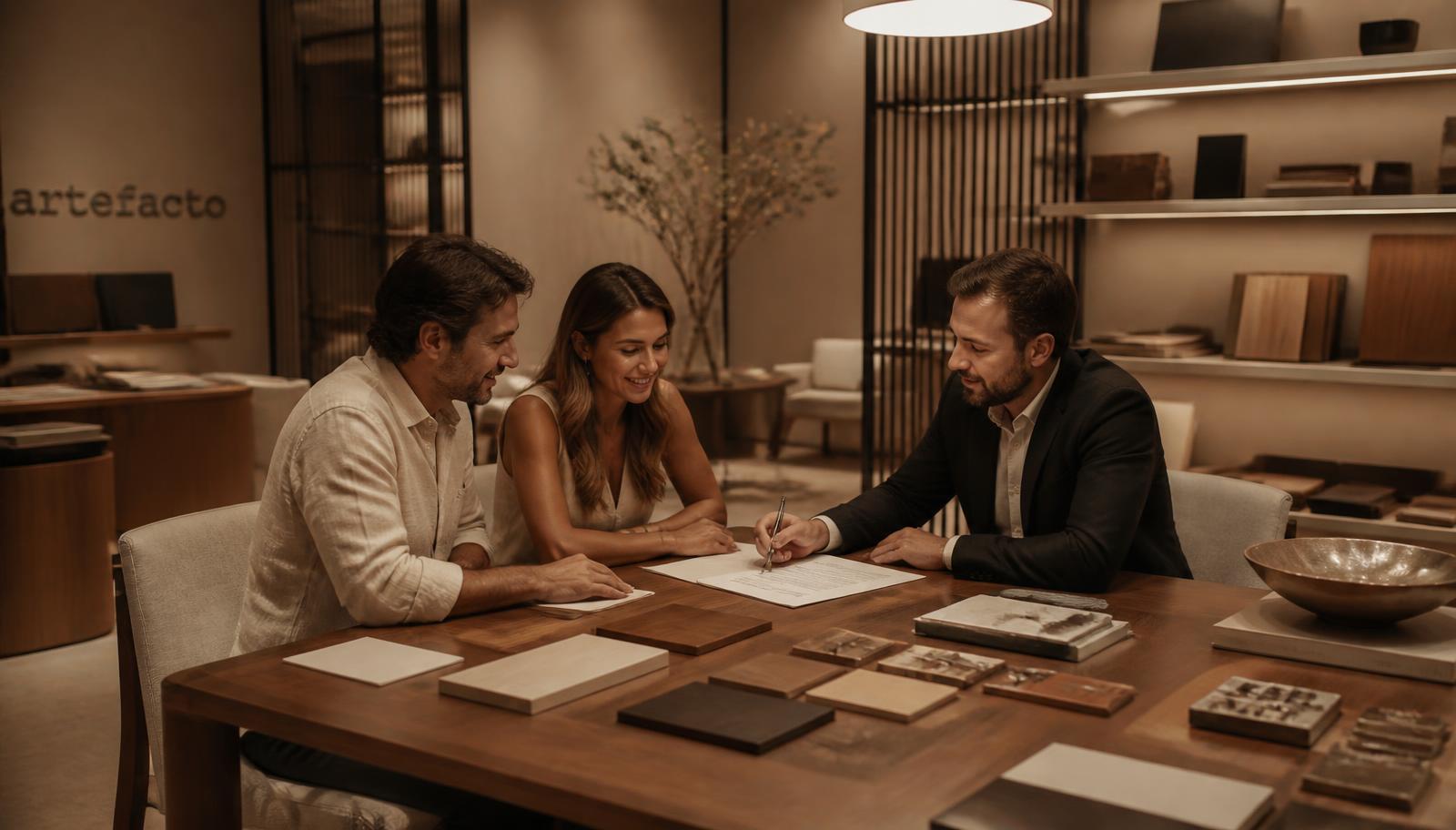 Casal negociando projeto de móveis planejados com amostras de materiais sobre a mesa